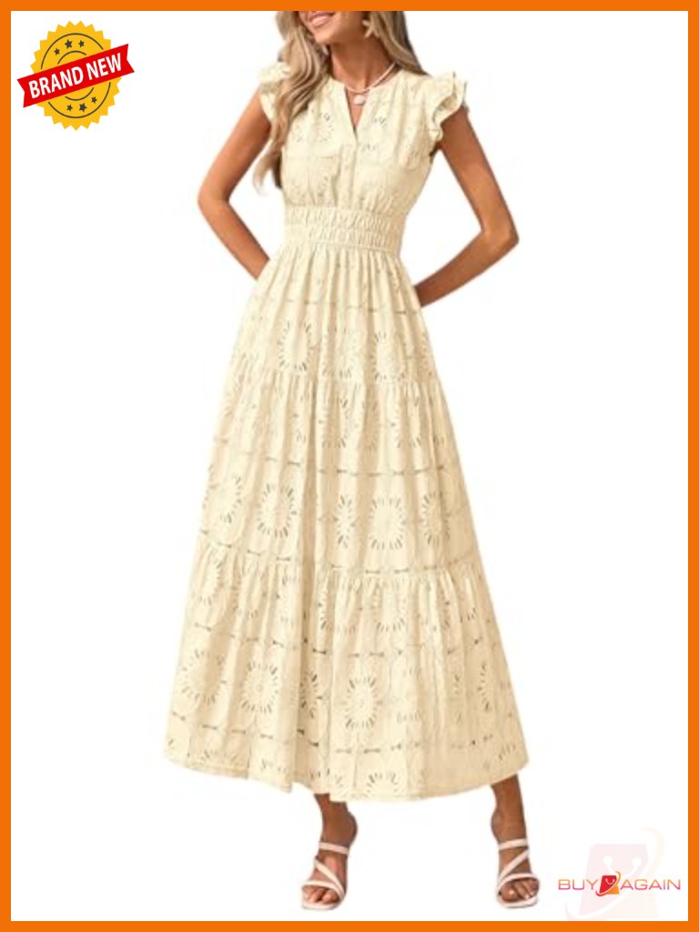 Boho Floral Lace Eyelet V Neck Maxi Dress - Summer Wedding Beach Vacation